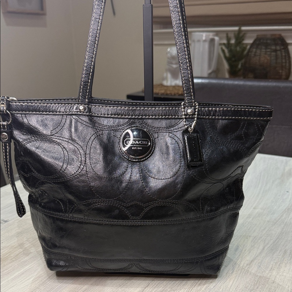 Coach Black Signature Patent Leather Tote